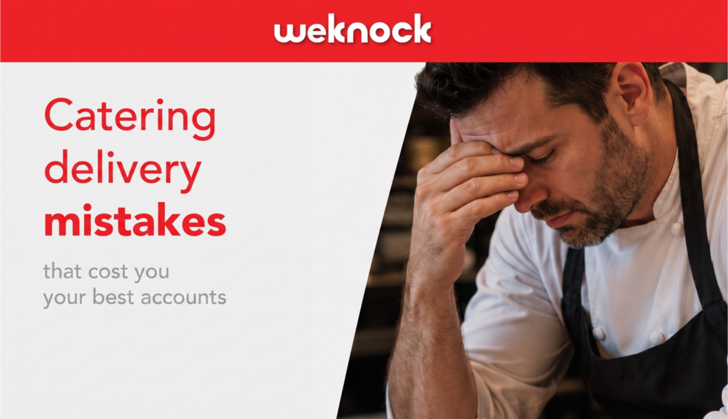 A frustrated and distressed caterer in a professional kitchen setting, with head in hands. This is a common image for a blog post about catering delivery errors and lost clients.