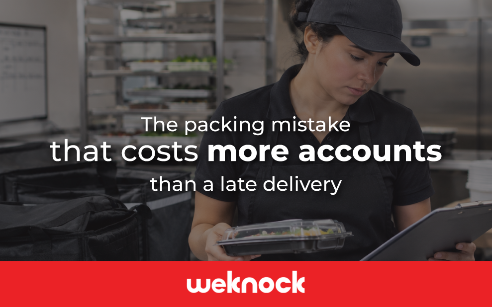 A restaurant worker reviewing a catering order checklist on a clipboard to avoid a packing mistake.
